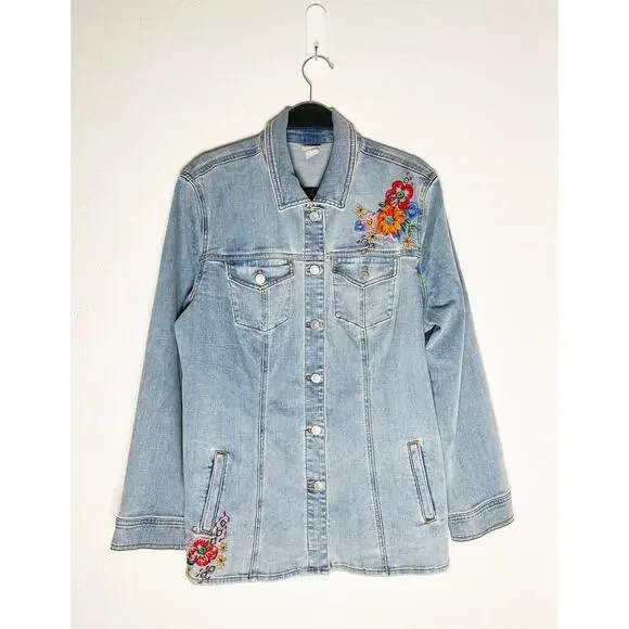 Chico's Womens Embroidered Floral Jean Jacket Shacket Stretch Welt/Chest Pockets